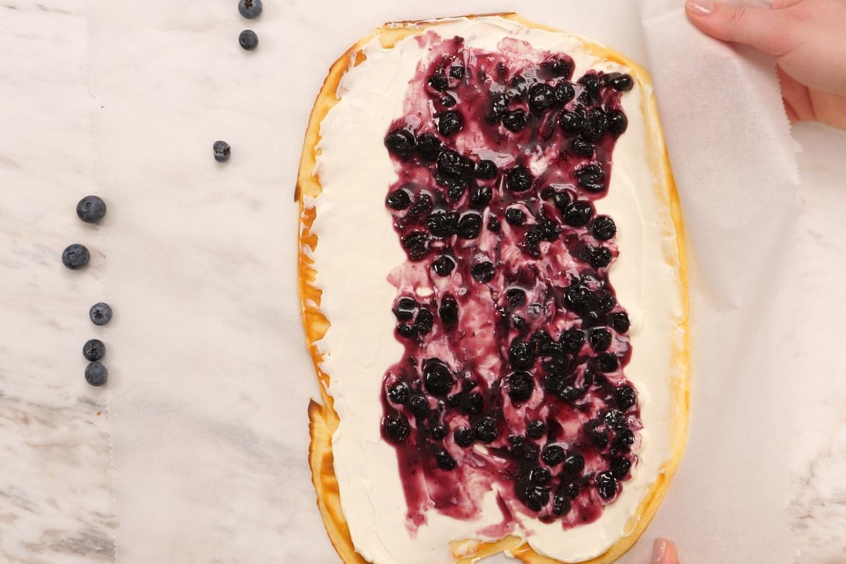 Cottage Cheese Blueberry Roll 9 Adding blueberry filling over the cream cheese layer for a high protein cottage cheese blueberry roll.