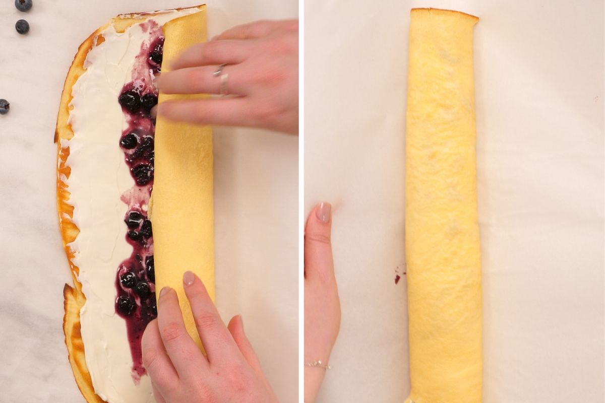 Cottage Cheese Blueberry Roll 10 Rolling the filled cottage cheese sheet into a tight log with blueberry and cream cheese inside.