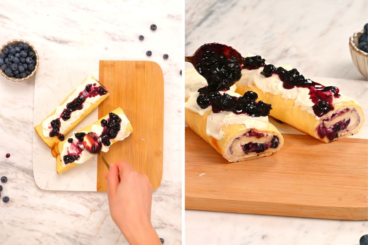 Cottage Cheese Blueberry Roll 11 Topping sliced cottage cheese blueberry roll with cream cheese, blueberry sauce, and fresh blueberries.