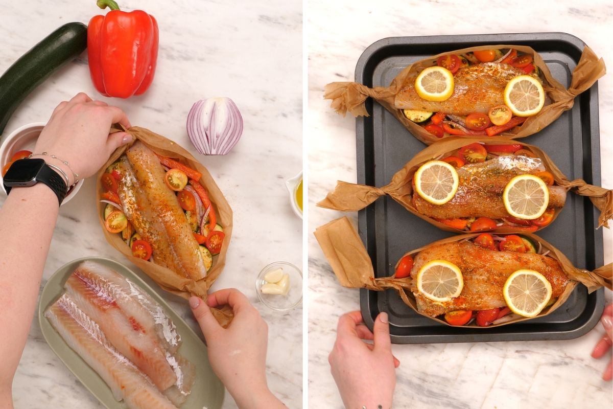 Mediterranean Baked Fish Boats 7 Assembling Mediterranean baked fish boats with seasoned fish, vegetables, cherry tomatoes, and lemon slices on a baking sheet.