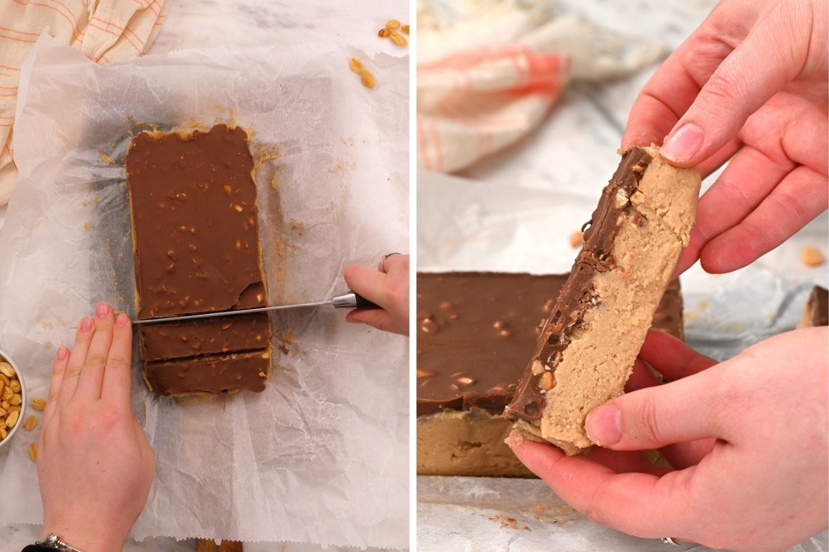 Cottage Cheese Snickers Bars 14 Slicing chilled high protein cottage cheese Snickers bars and showing the creamy peanut butter and chocolate layers.
