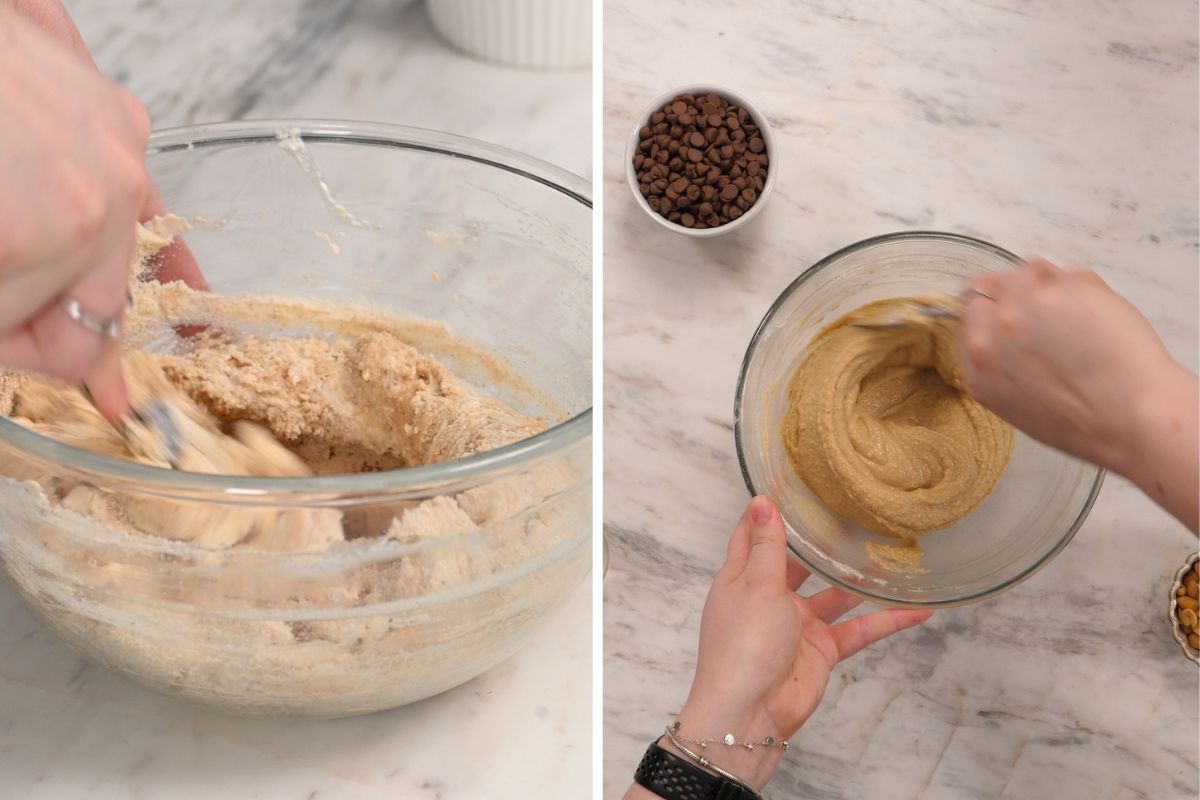 Cottage Cheese Snickers Bars 6 Mixing the cottage cheese and protein powder mixture until thick and smooth for homemade Snickers bars.