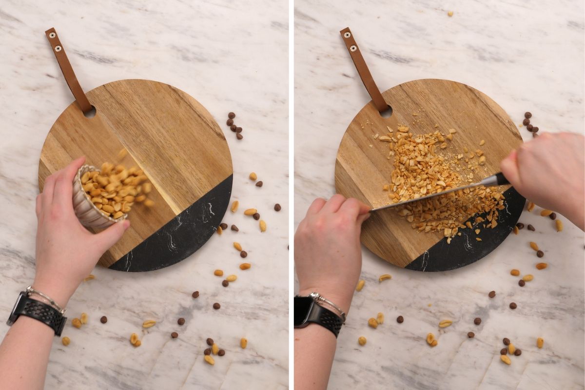 Cottage Cheese Snickers Bars 9 Chopping peanuts on a cutting board for the crunchy layer in high protein cottage cheese Snickers bars.