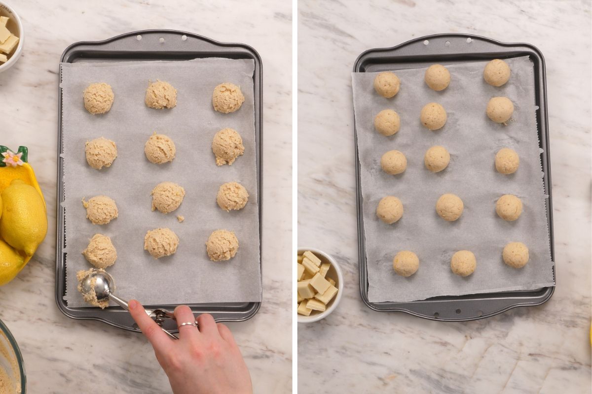 Lemon Cottage Cheese Truffles 7 Scooping and rolling lemon cottage cheese truffle mixture into balls on a parchment lined baking sheet.