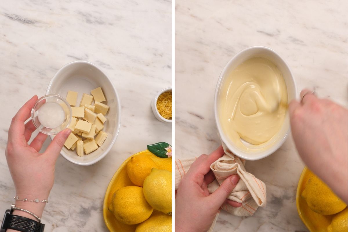 Lemon Cottage Cheese Truffles 8 Melting white chocolate with coconut oil until smooth for coating lemon cottage cheese truffles.