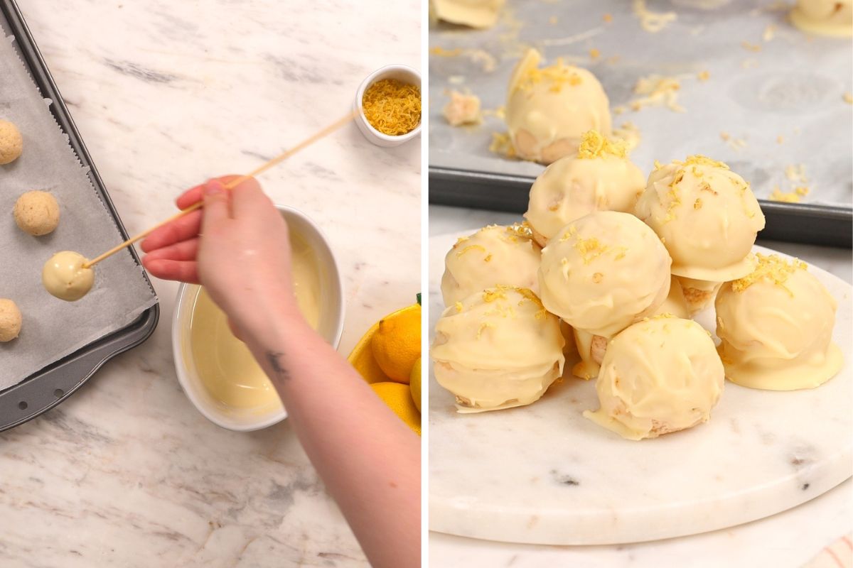 Lemon Cottage Cheese Truffles 9 Dipping chilled lemon cottage cheese truffles into melted white chocolate and topping them with fresh lemon zest.