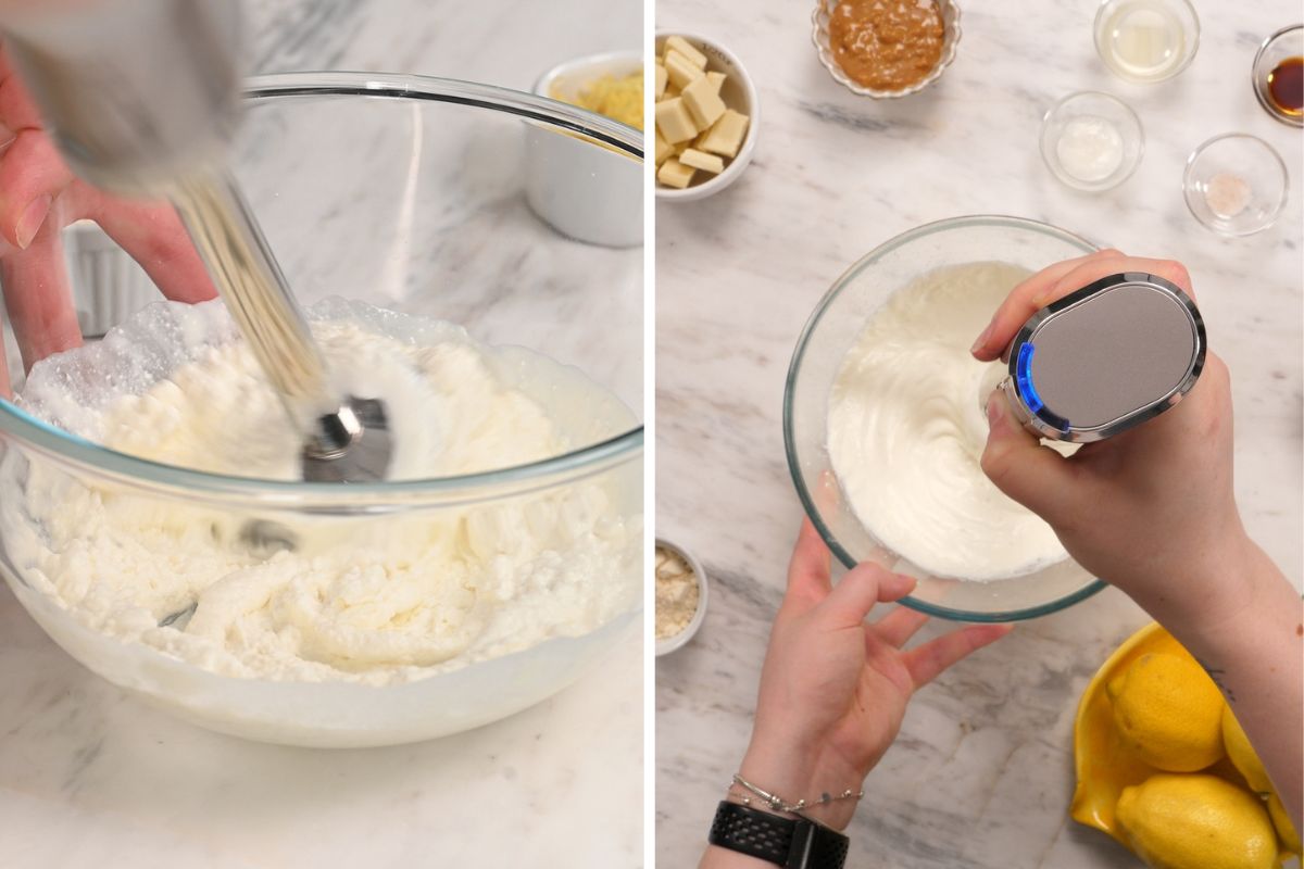 Lemon Cottage Cheese Truffles 3 Blending cottage cheese with a hand blender until smooth and creamy for homemade lemon cottage cheese truffles.