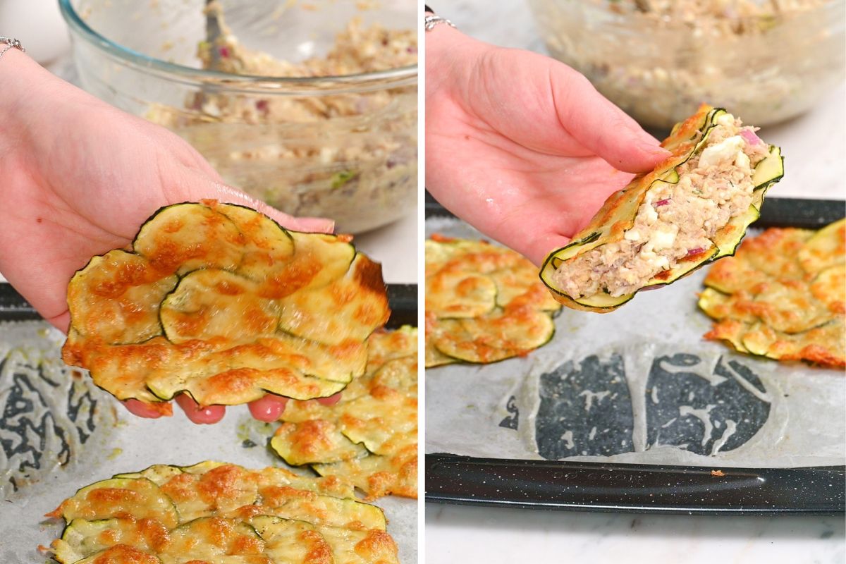 High-Protein Tuna Avocado Zucchini Tacos 11 Filling a baked zucchini taco shell with creamy tuna avocado filling.
