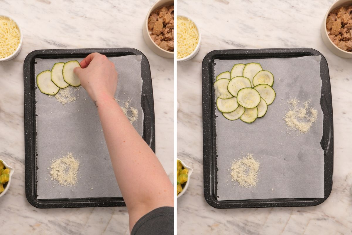 High-Protein Tuna Avocado Zucchini Tacos 6 Arranging thin zucchini slices in overlapping circles on a parchment lined baking sheet.