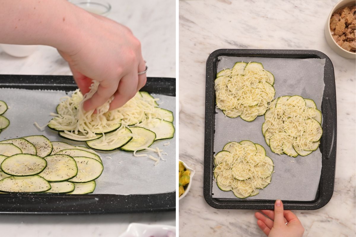 High-Protein Tuna Avocado Zucchini Tacos 8 Topping zucchini rounds with shredded cheese to make cheesy zucchini taco shells.