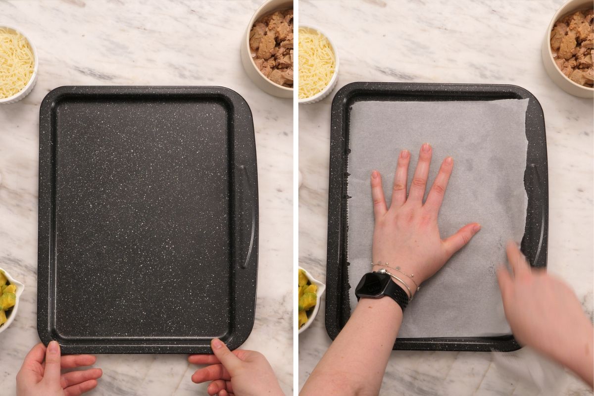 High-Protein Tuna Avocado Zucchini Tacos 3 Lining a baking sheet with parchment paper before making zucchini taco shells.
