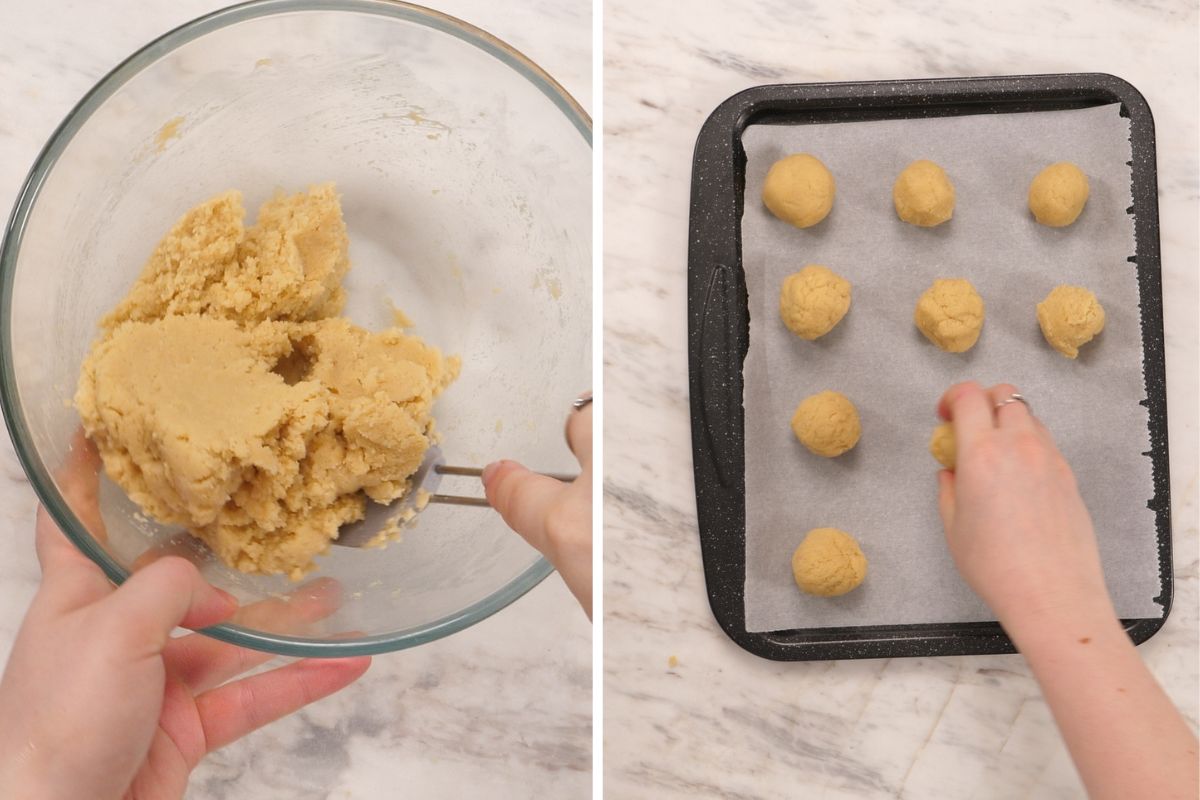 2 Ingredient Almond Flour Cookies 6 Prepared 2 ingredient cookie dough shaped into small balls on a parchment lined baking sheet