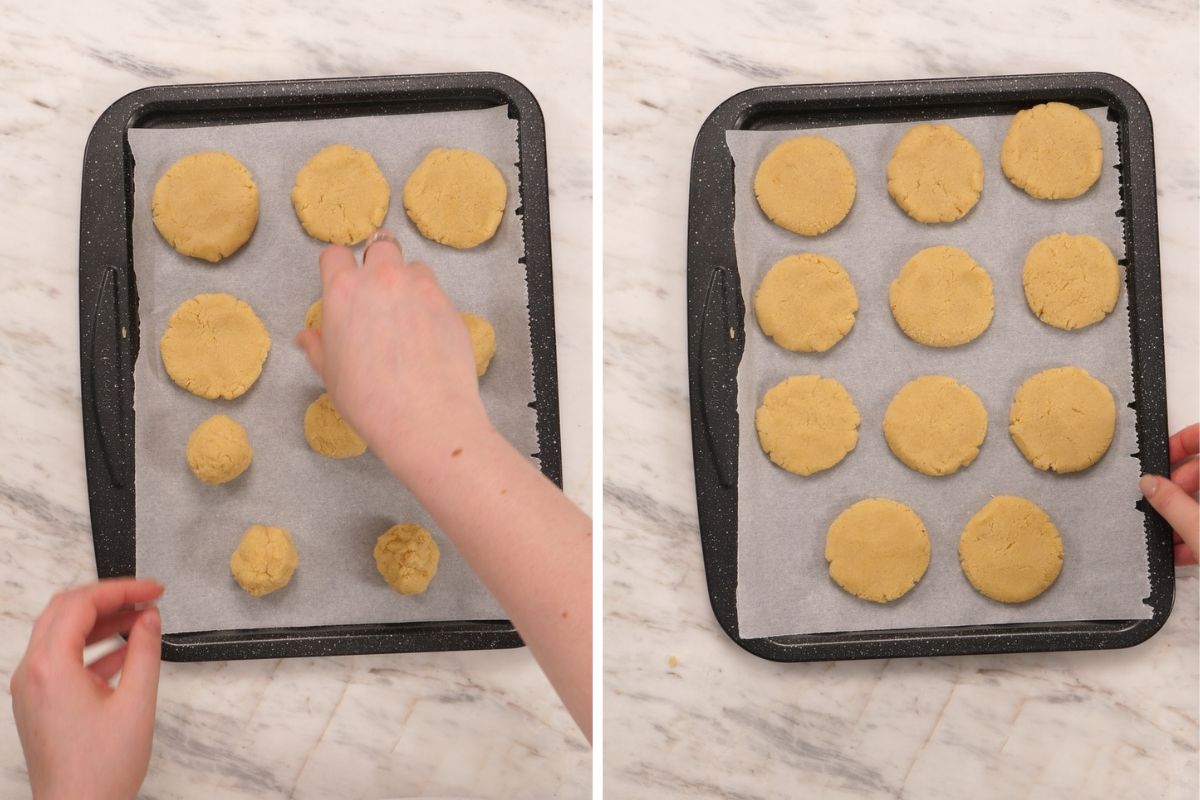 2 Ingredient Almond Flour Cookies 7 Flattening 2 ingredient cookie dough balls into round cookies before baking