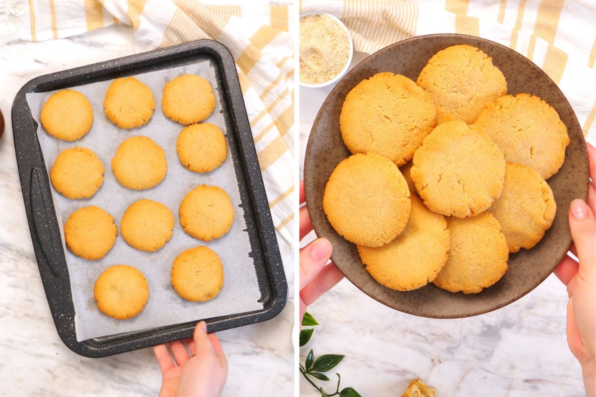 2 Ingredient Almond Flour Cookies 8 Freshly baked 2 ingredient almond flour cookies on a baking sheet and served on a plate