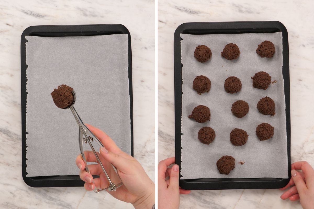 Chocolate Cottage Cheese Truffles 8 Scooping Chocolate Cottage Cheese Truffles onto a parchment lined baking sheet