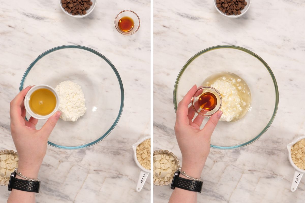 Chocolate Cottage Cheese Truffles 3 Adding maple syrup and vanilla extract to cottage cheese for chocolate truffles