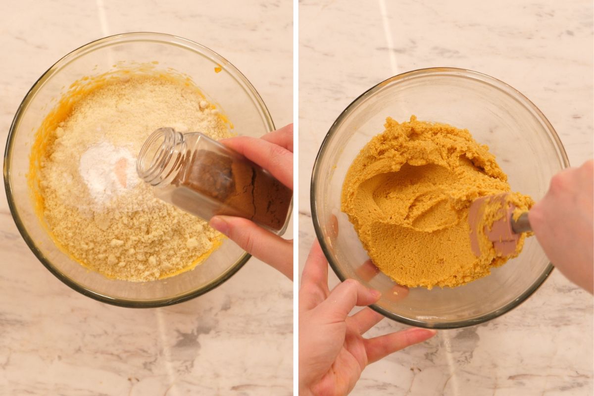 Keto Pumpkin Snickerdoodle Cookies 5 Dry ingredients added to the pumpkin mixture and stirred into a thick keto pumpkin cookie dough.
