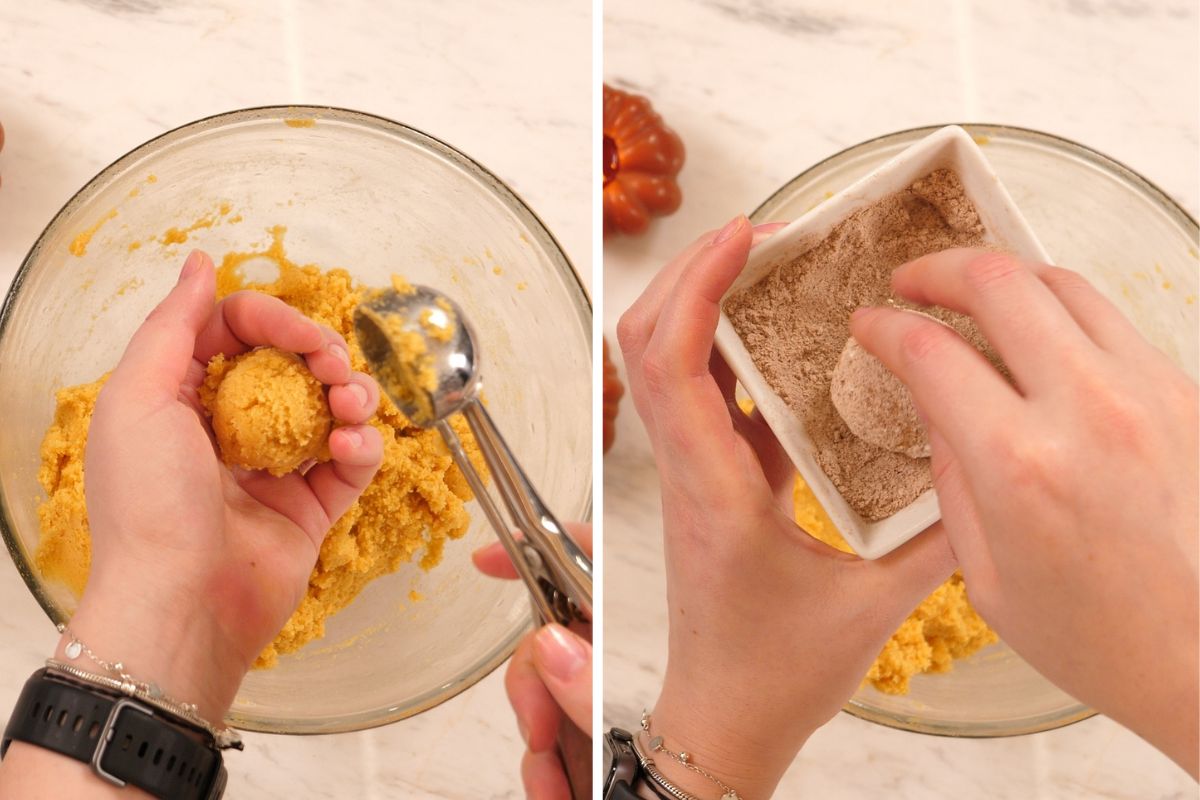 Keto Pumpkin Snickerdoodle Cookies 6 Pumpkin cookie dough scooped into balls and rolled in a cinnamon sweetener coating.