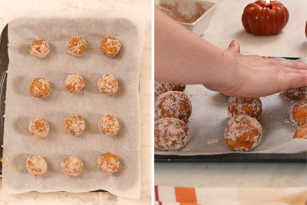 Keto Pumpkin Snickerdoodle Cookies 7 Cinnamon-coated pumpkin cookie dough balls arranged on a parchment-lined baking sheet and gently flattened.