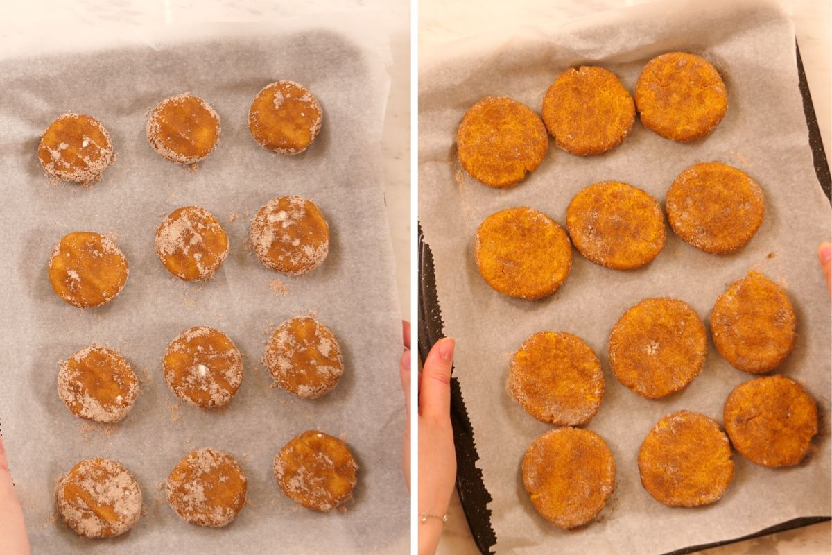 Keto Pumpkin Snickerdoodle Cookies 8 Keto pumpkin snickerdoodle cookies before and after baking on a parchment-lined baking sheet.