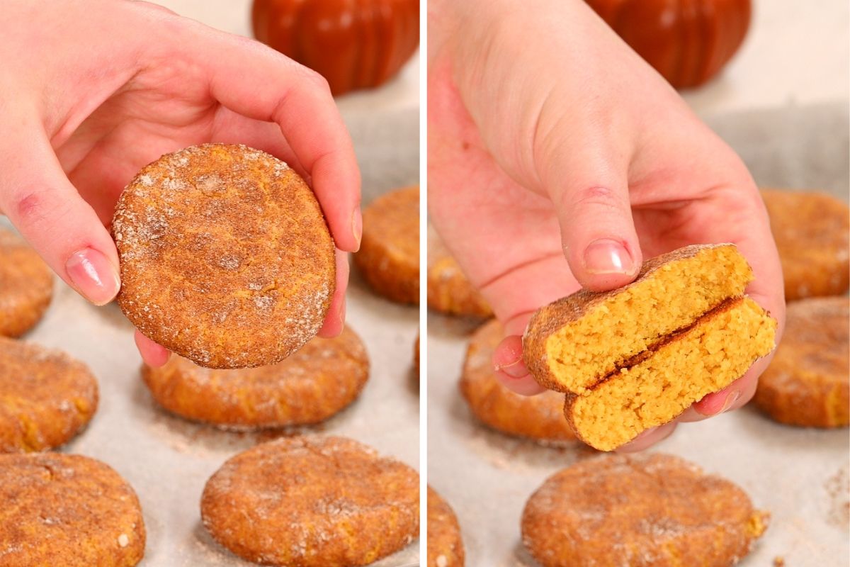 Keto Pumpkin Snickerdoodle Cookies 9 Finished keto pumpkin snickerdoodle cookie held up and broken open to show the soft pumpkin-spiced center.