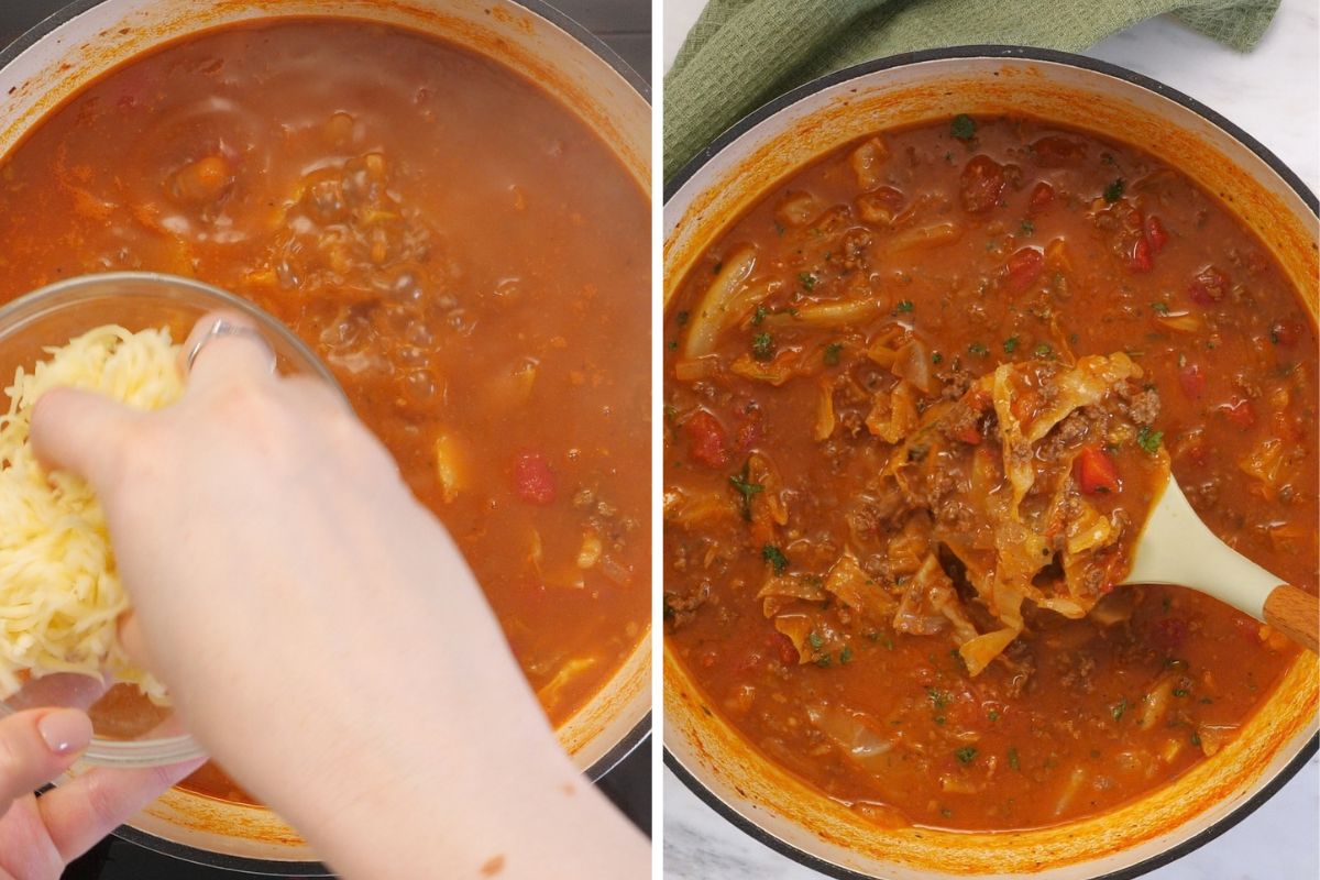 High-Protein Cabbage Lasagna Soup 11 Shredded cheese being added to cabbage lasagna soup before stirring until melted and creamy.