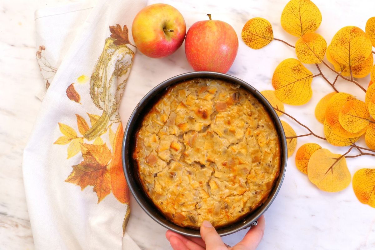 Cottage Cheese Apple Bake 9 Freshly baked Cottage Cheese Apple Bake in a round springform pan with a lightly golden top.