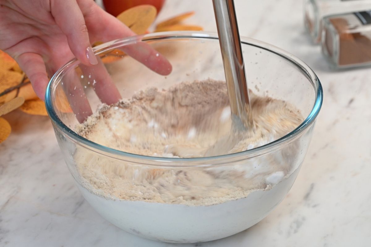 Cottage Cheese Apple Bake 5 Blending cottage cheese, eggs, protein powder, almond flour, sweetener, cinnamon, and nutmeg for Cottage Cheese Apple Bake.