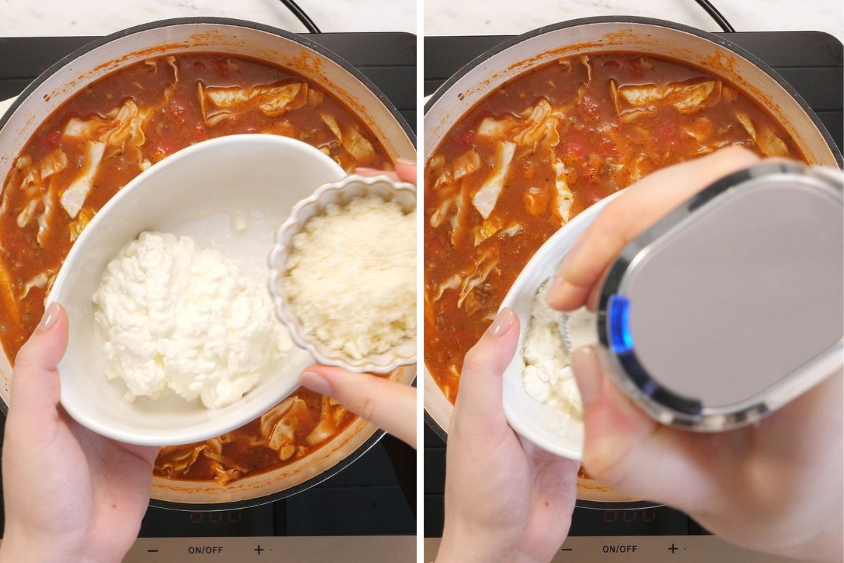 High-Protein Cabbage Lasagna Soup 10 Cottage cheese and Parmesan being blended together for the creamy topping for High-Protein Cabbage Lasagna Soup.