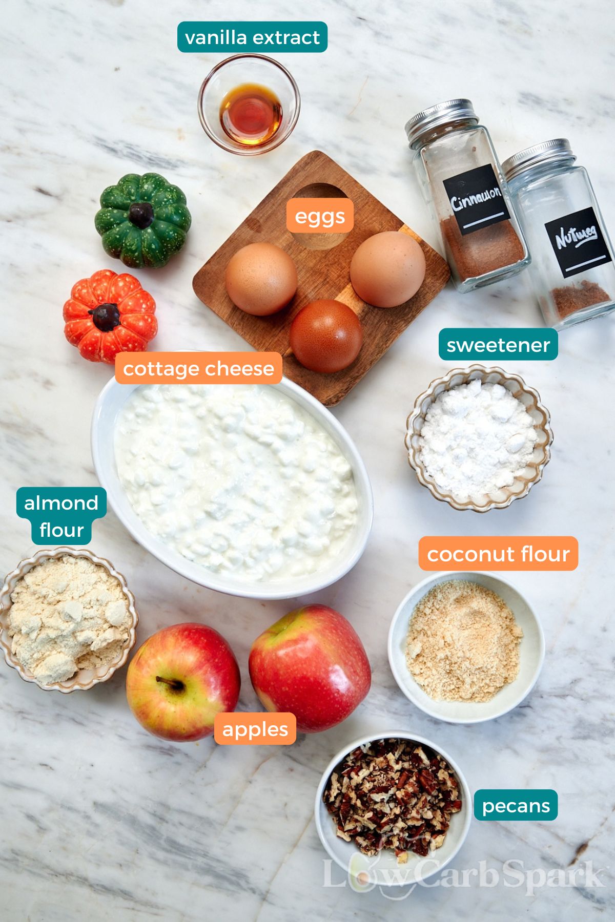 Cottage Cheese Apple Bake 3 Ingredients for Cottage Cheese Apple Bake with cottage cheese, apples, eggs, protein powder, almond flour, sweetener, pecans, cinnamon, nutmeg, and vanilla.