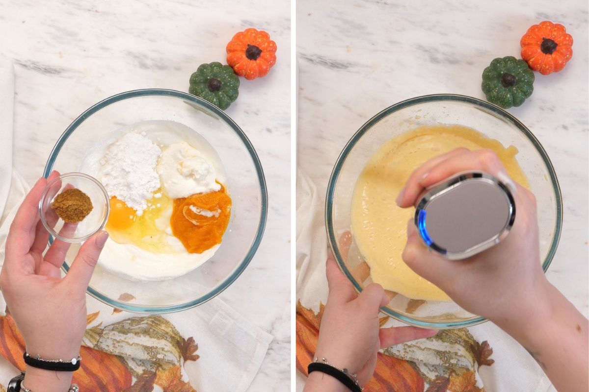 Pumpkin Protein Cheesecake for Two 5 Pouring pumpkin cheesecake filling into greased ramekins.
