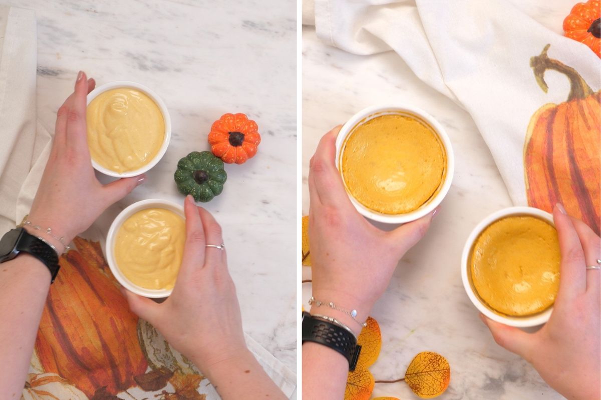 Pumpkin Protein Cheesecake for Two 7 Pumpkin Protein Cheesecake batter in ramekins before baking and the finished baked cheesecakes after cooking.