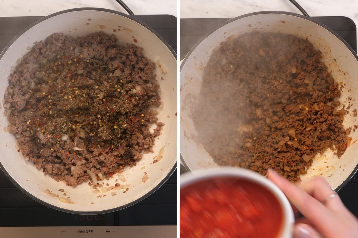 High-Protein Cabbage Lasagna Soup 7 Seasoning browned ground beef and onions before adding tomatoes to cabbage lasagna soup.