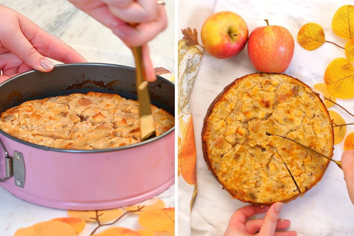 Cottage Cheese Apple Bake 10 Removing the baked Cottage Cheese Apple Bake from the springform pan and cutting it into slices.