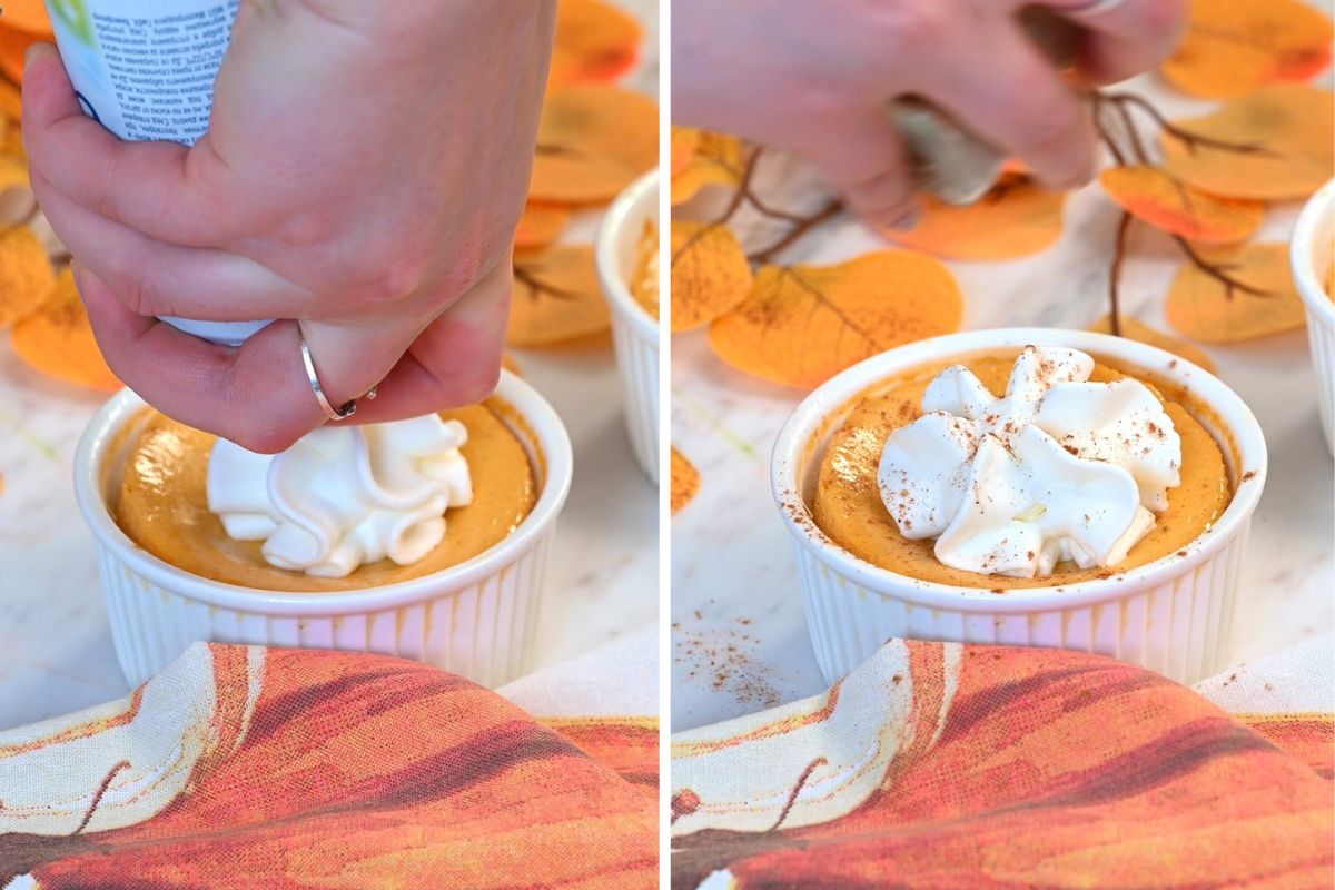 Pumpkin Protein Cheesecake for Two 8 Topping a baked pumpkin cheesecake with whipped cream and pumpkin pie spice.