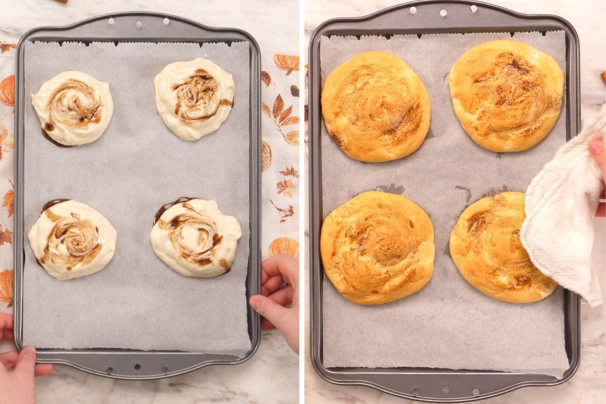 Cloud Cinnamon Rolls with Cottage Cheese 11 Cloud cinnamon rolls with cottage cheese shown before and after baking on a parchment-lined baking sheet.