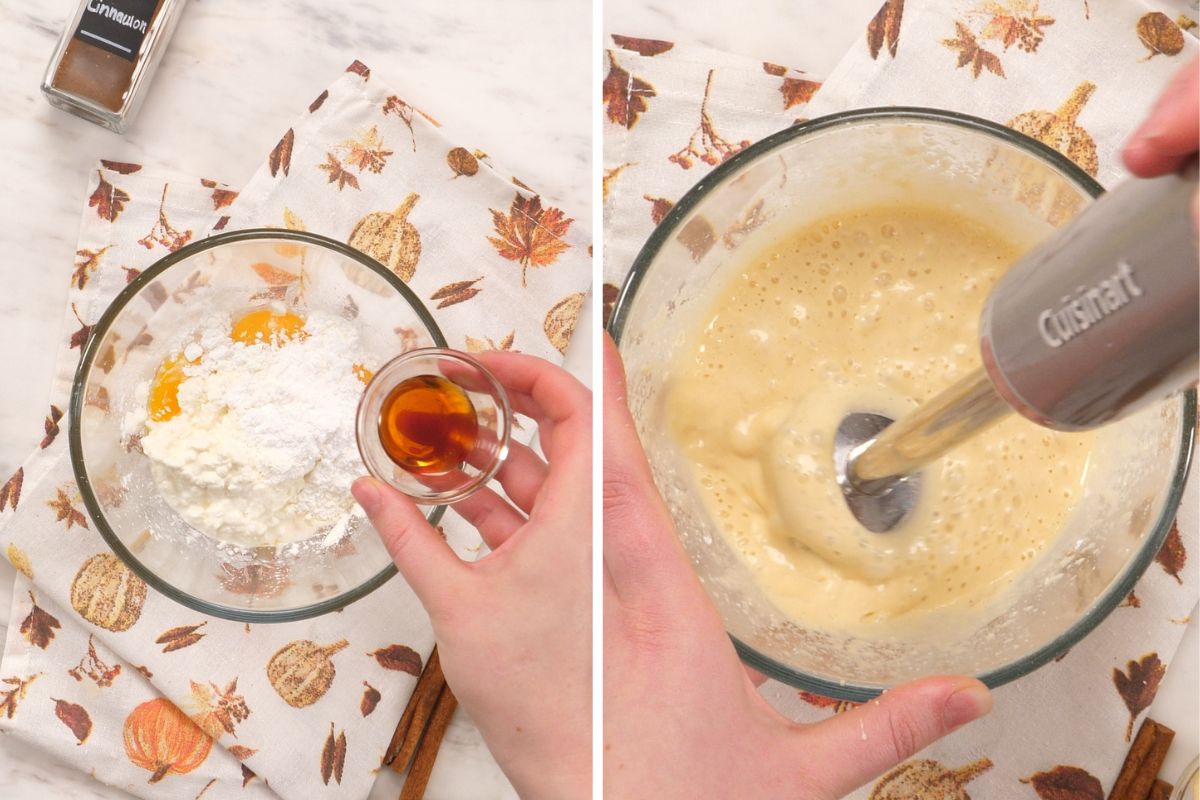 Cloud Cinnamon Rolls with Cottage Cheese 4 Blending cottage cheese, egg yolks, cornstarch, and vanilla until smooth for cloud cinnamon rolls.