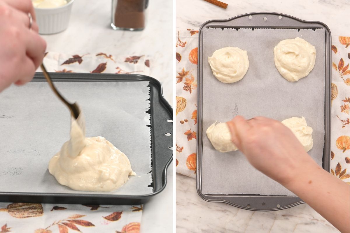 Cloud Cinnamon Rolls with Cottage Cheese 9 Spooning fluffy cloud cinnamon roll batter onto a parchment-lined baking sheet before adding the cinnamon swirl.
