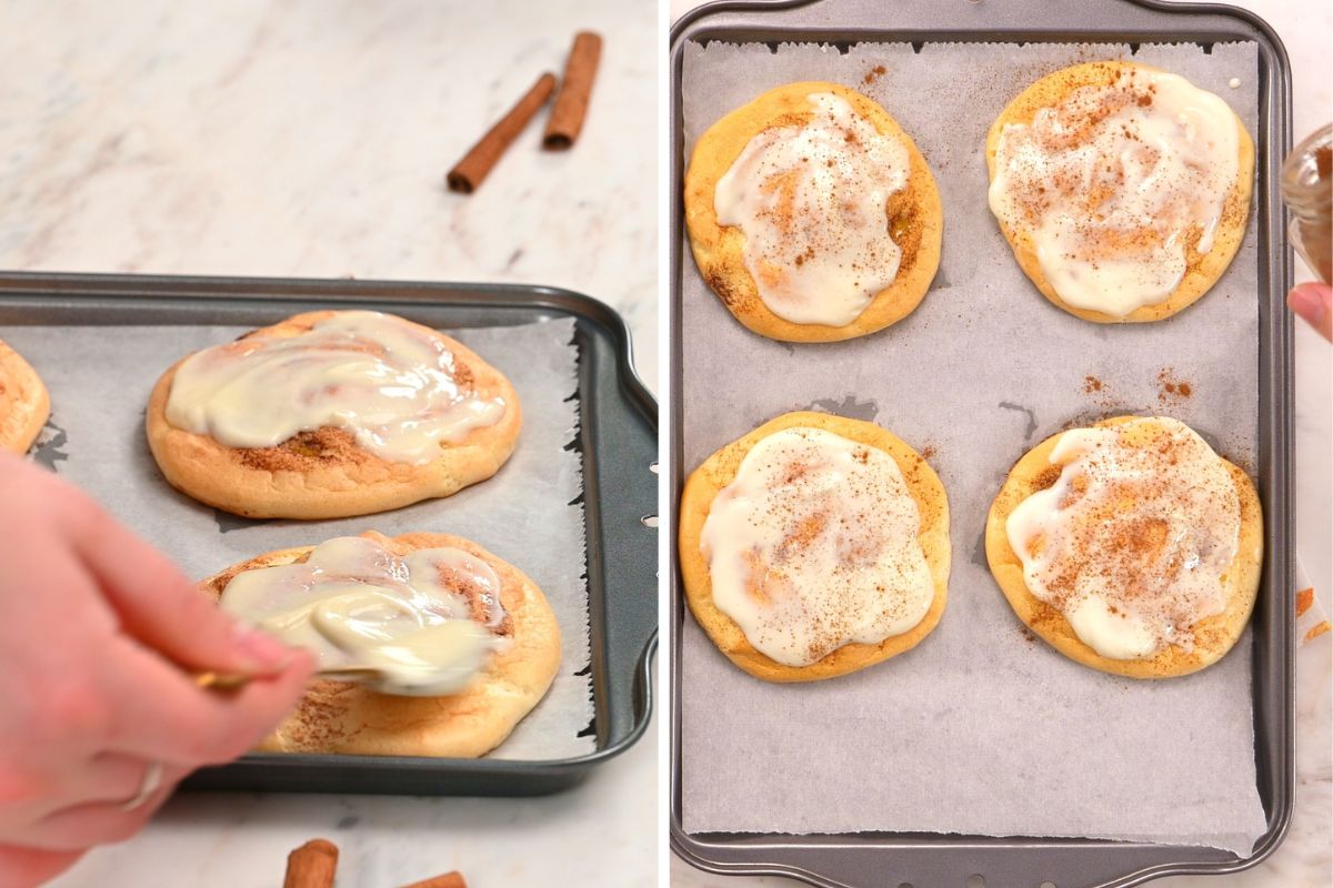 Cloud Cinnamon Rolls with Cottage Cheese 13 Spreading creamy frosting over freshly baked cloud cinnamon rolls and finishing with cinnamon.
